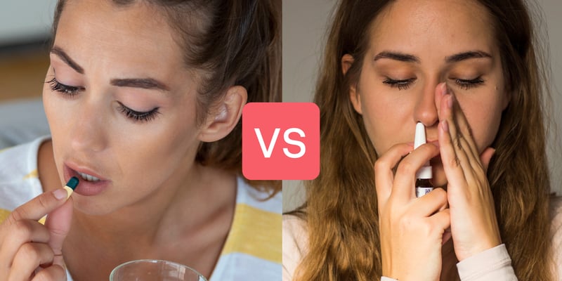 A lady holding an antihistamine tablet and another lady taking in a nasal spray